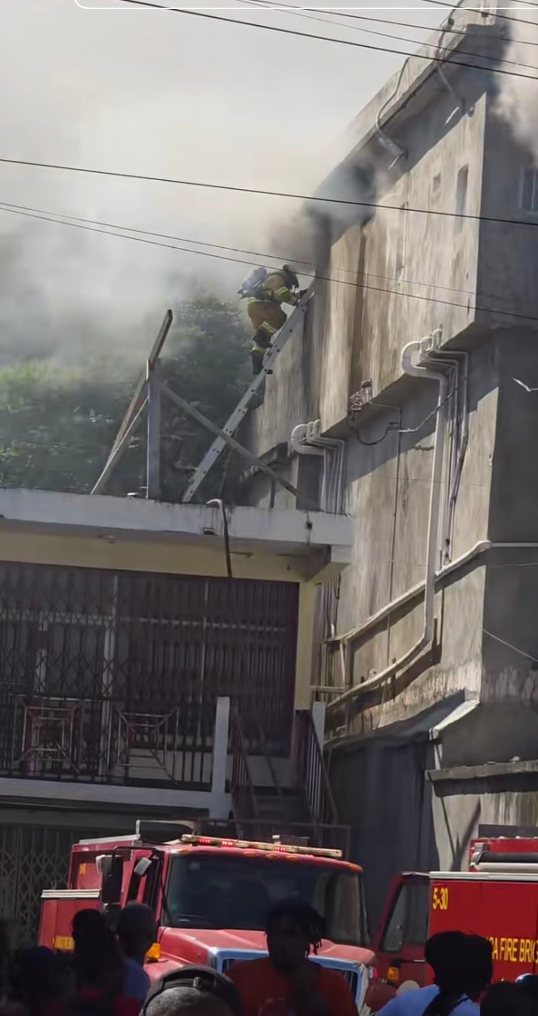 A firefighter scales a ladder at the burning Ling Fei Supermarket on Stennett Street, Port Maria. Photo: CanJam News / Social Media