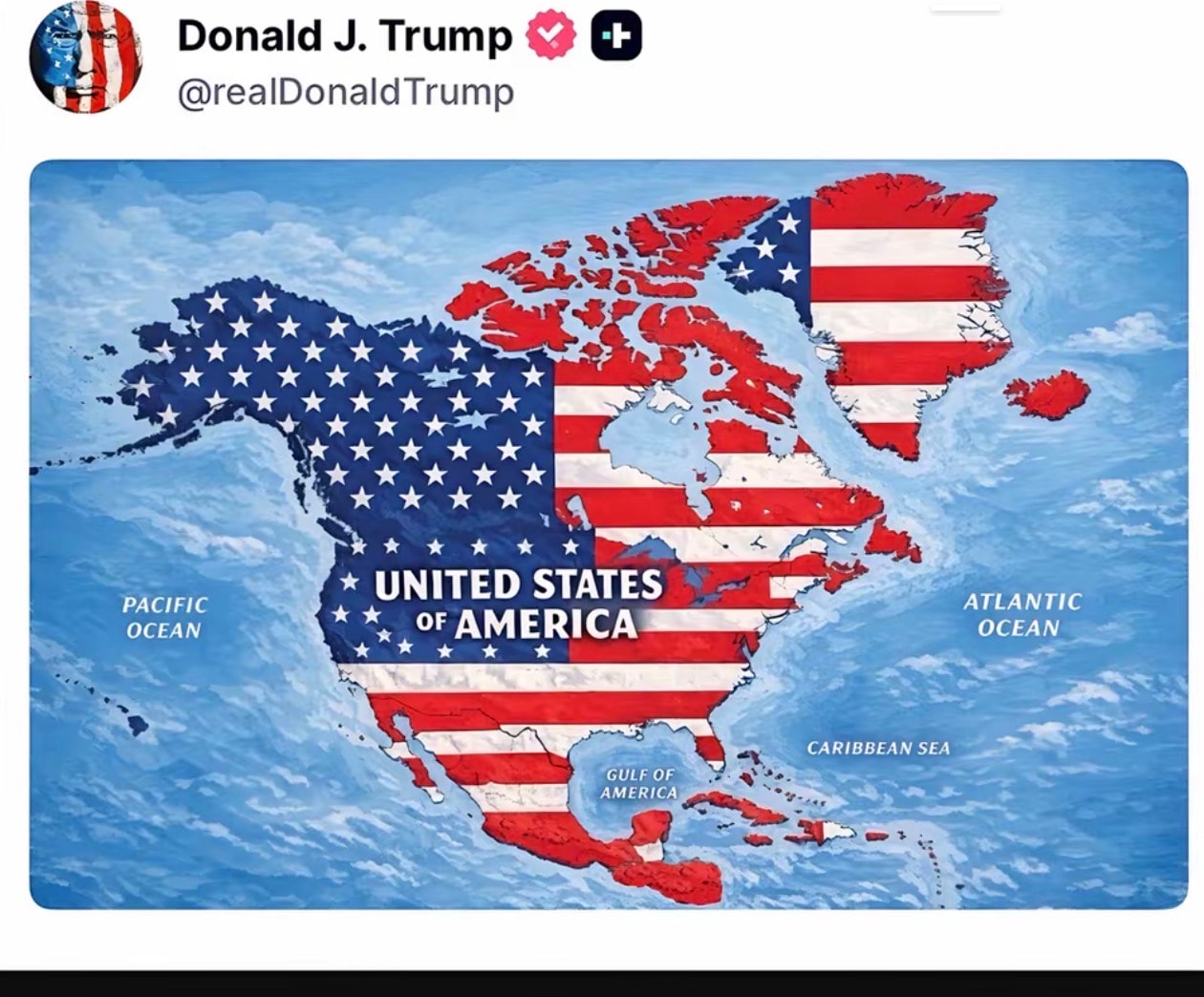 Trump Posts Expanded U.S. Map Covering Canada, Mexico, Caribbean and More