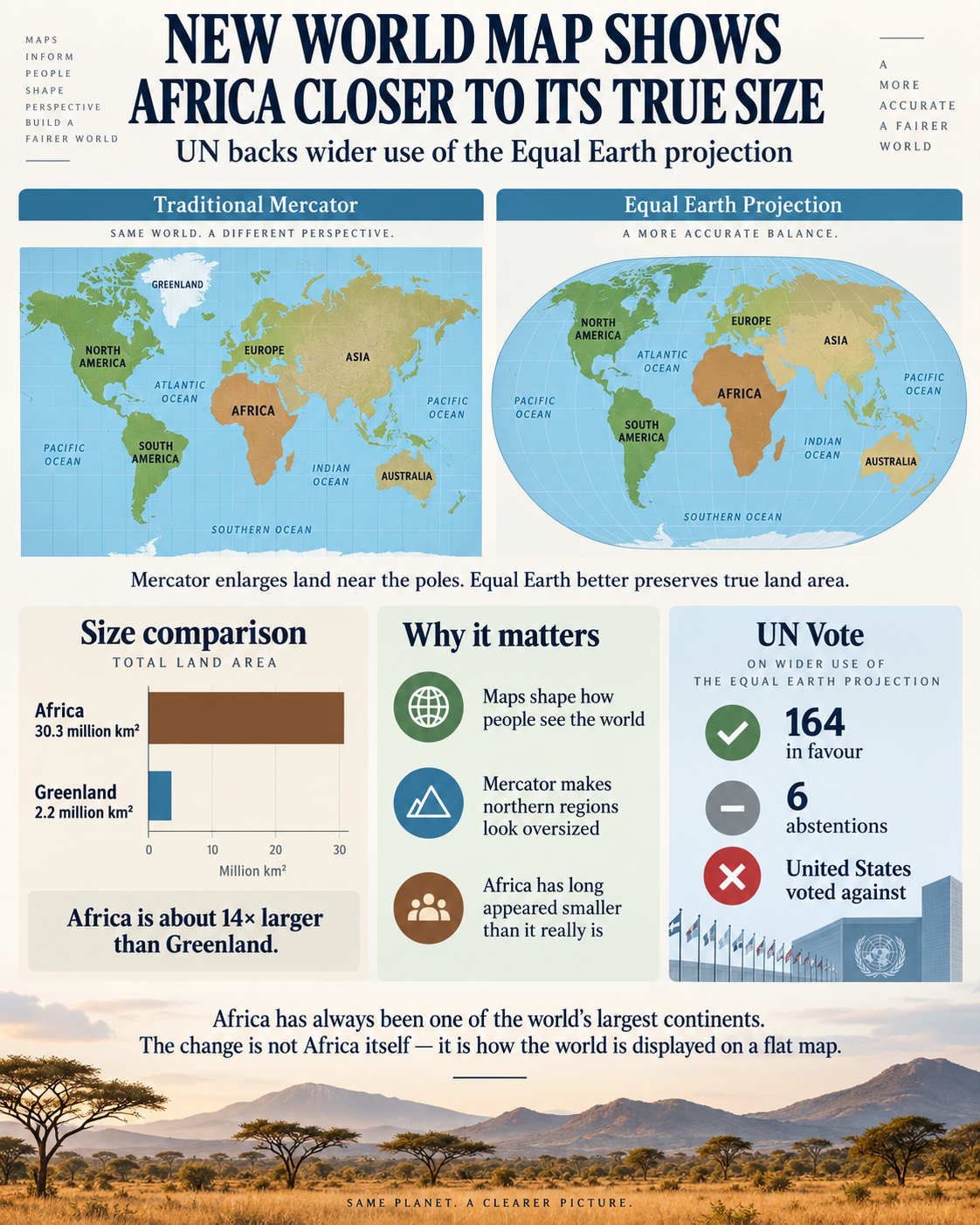 A side-by-side comparison illustrates how the traditional Mercator projection (left) dramatically overstates the size of Greenland and northern regions compared with the Equal Earth projection (right). (CanJam News / Otherwise Credited)